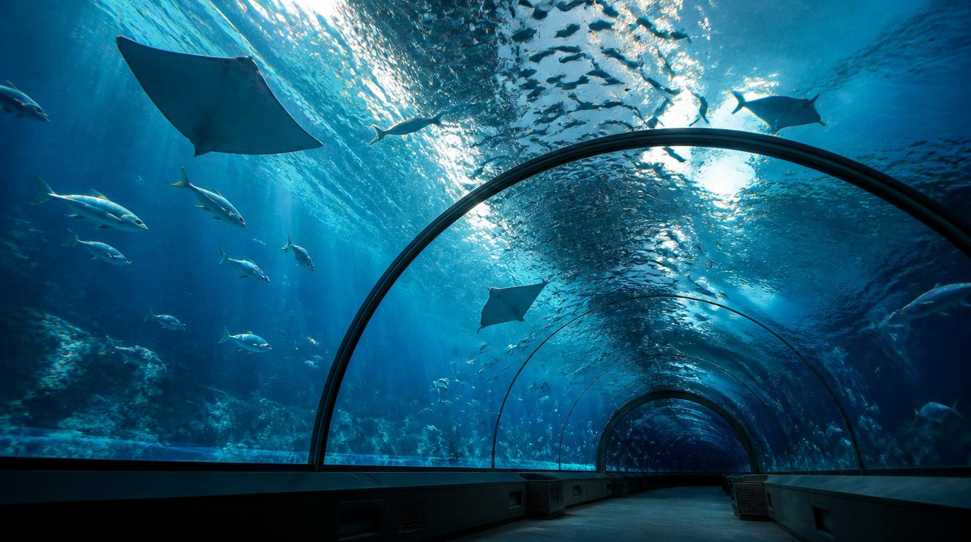 GPT Imageで生成したフォトリアルな水族館トンネルの写真